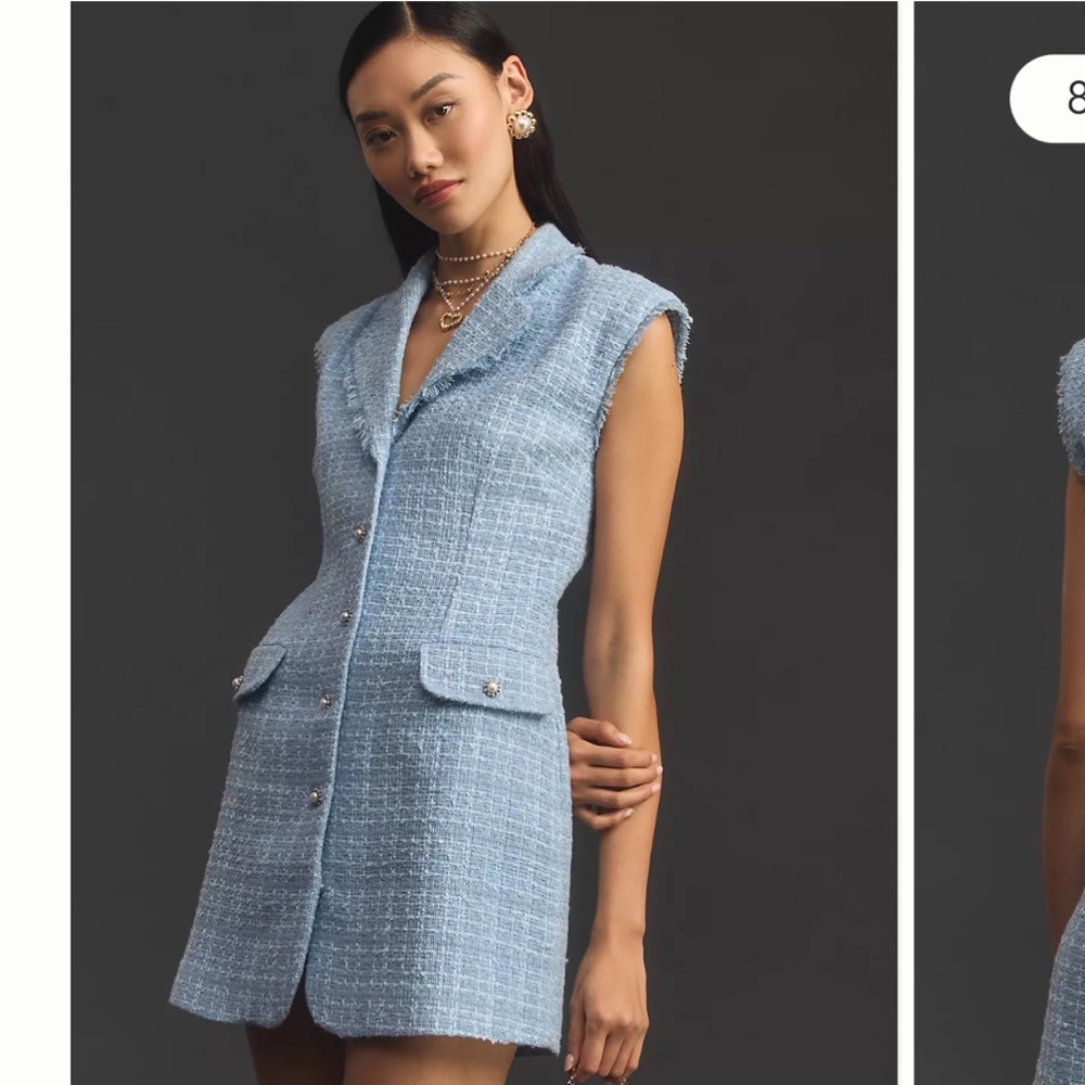 Anthropologie Maeve Sleeveless Tweed Blazer Mini Dress Light Blue NWT Size 10